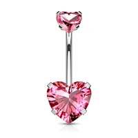 316L Surgical Steel Double Heart Pink CZ Gem Belly Button Ring