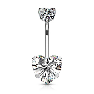 316L Surgical Steel Double Heart White CZ Gem Belly Button Ring