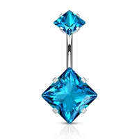316L Surgical Steel Double Square Aqua CZ Gem Belly Button Ring
