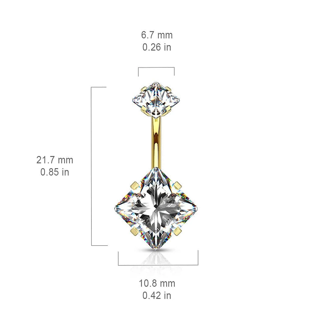 316L Surgical Steel Double Square Aqua CZ Gem Belly Button Ring