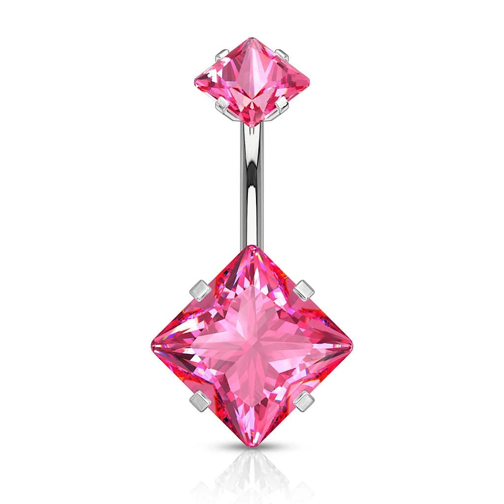 316L Surgical Steel Double Square Pink CZ Gem Belly Button Ring