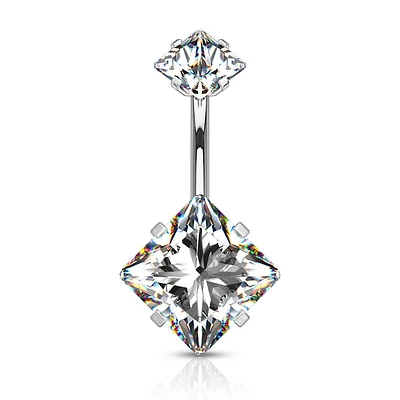 316L Surgical Steel Double Square White CZ Gem Belly Button Ring