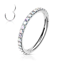 316L Surgical Steel Easy Hinged Aurora Borealis CZ Pave Clicker Hoop