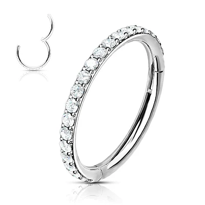 316L Surgical Steel Easy Hinged White CZ Pave Clicker Hoop