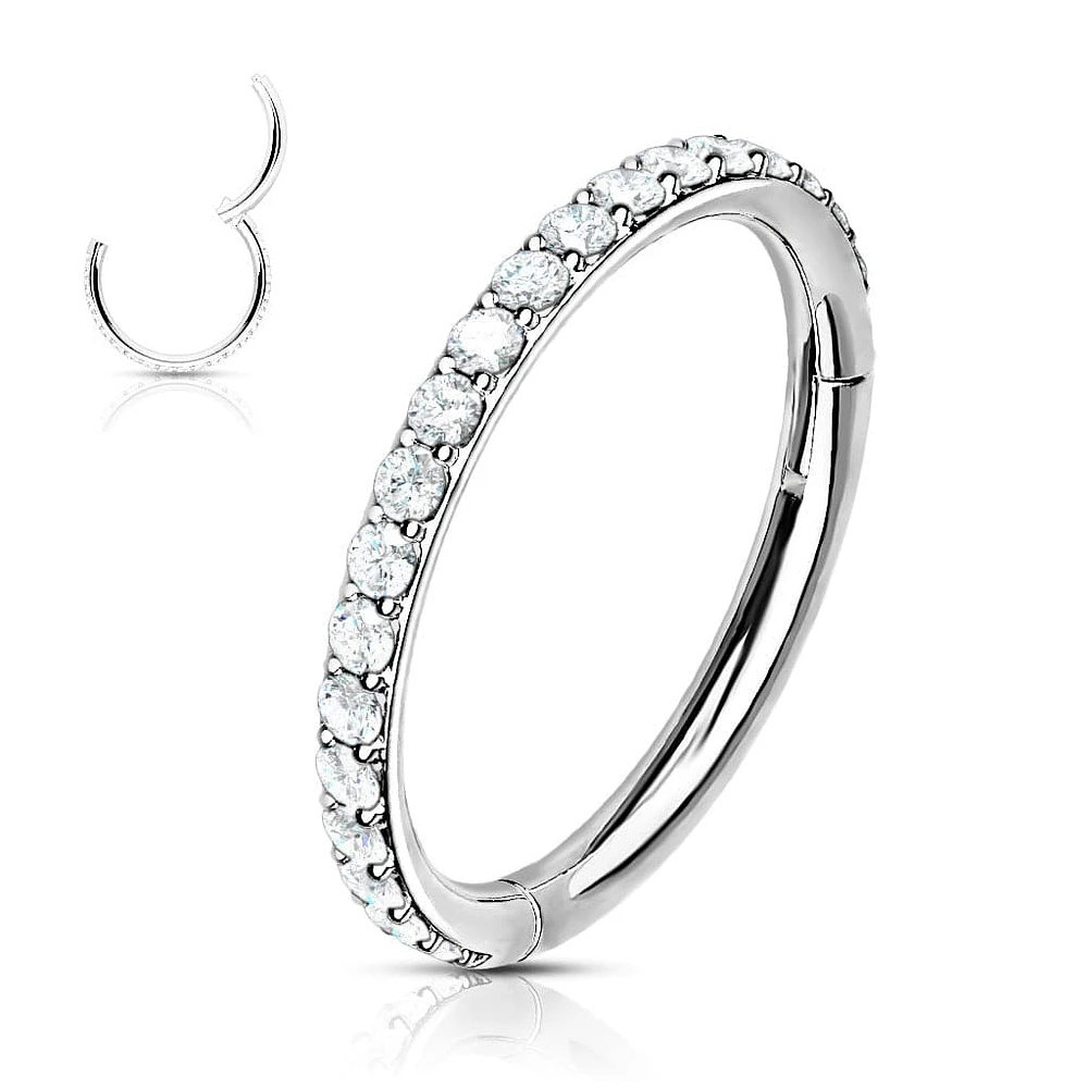 316L Surgical Steel Easy Hinged CZ Pave Clicker Hoop