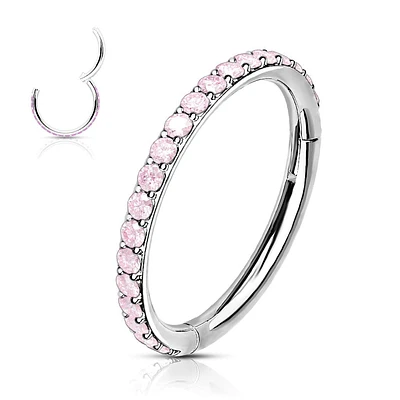 316L Surgical Steel Easy Hinged Pink CZ Pave Clicker Hoop