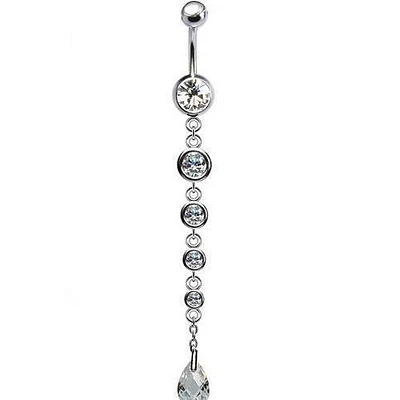 316L Surgical Steel Elegant 4 Gem Dangle with Tear Drop CZ Dangle Belly Ring