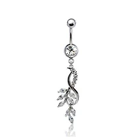 316L Surgical Steel Elegant CZ Infinity Sign with Intertwined Leaves Dangle Belly Ring