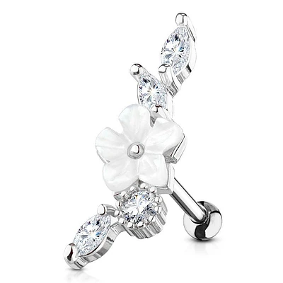 316L Surgical Steel Flower White CZ Vine Helix Barbell