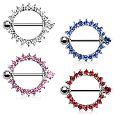 316L Surgical Steel Full Circle CZ Gem Nipple Ring Barbell Shield