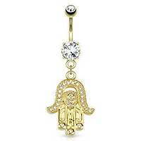 316L Surgical Steel Gold Plated Hand Of Fatima Hamsa Dangle Belly Ring