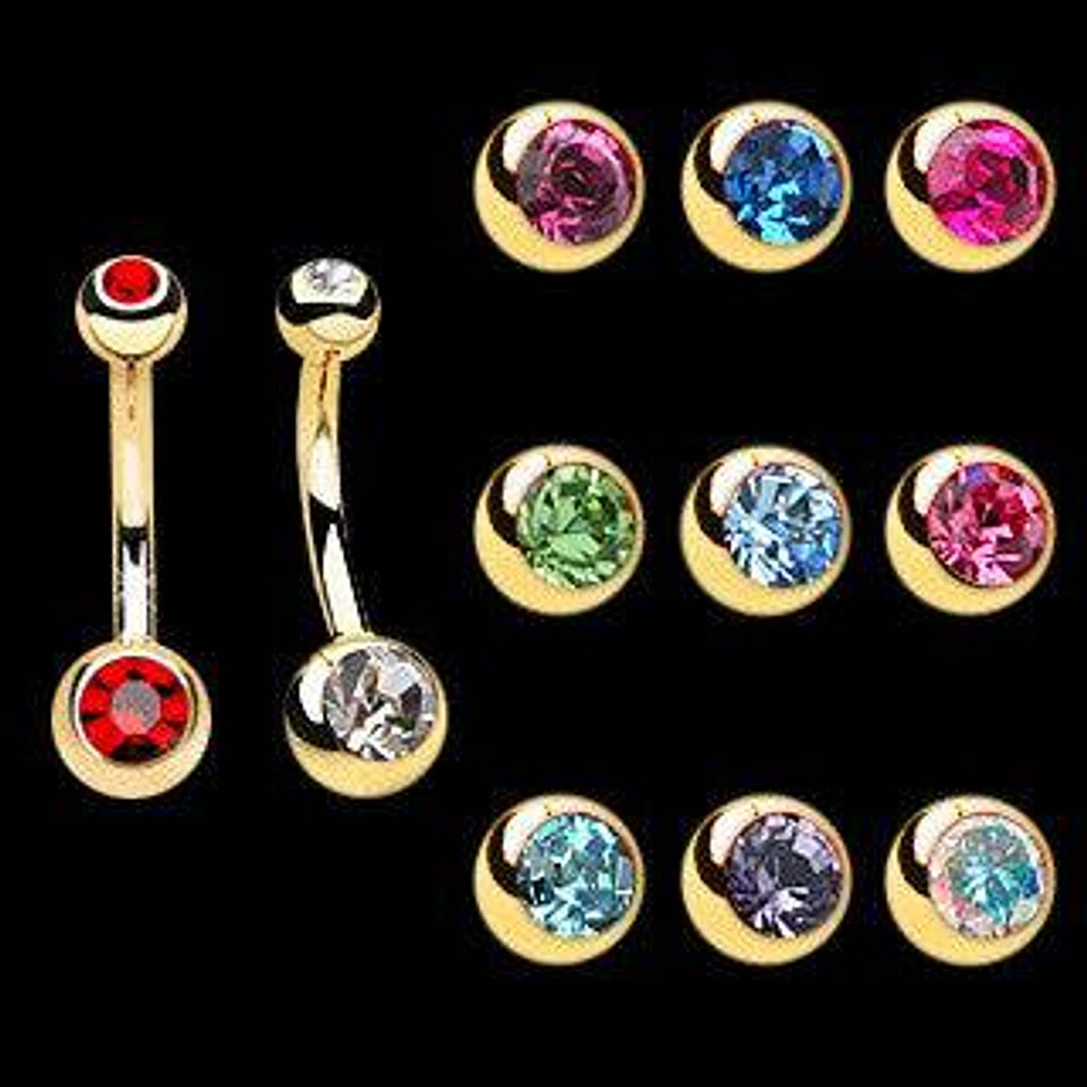 316L Surgical Steel Gold Plated Standard Double Gem Belly Button Navel Ring