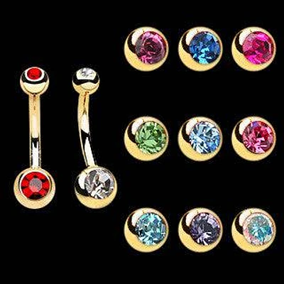 316L Surgical Steel Gold Plated Standard Double Gem Belly Button Navel Ring