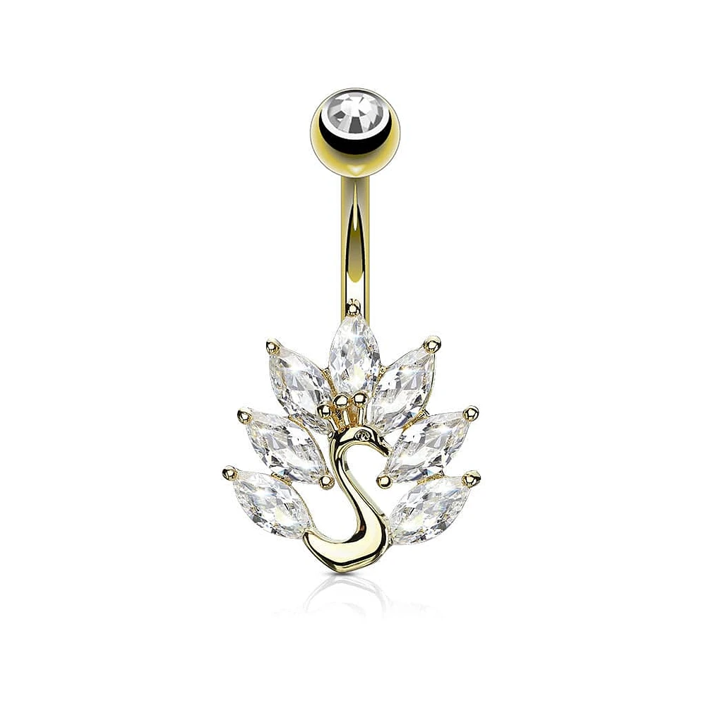316L Surgical Steel Gold Plated White CZ Peacock Belly Ring