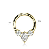 316L Surgical Steel Gold PVD 3 White CZ Gem Teardrop Dainty Septum Ring Hinged Clicker Hoop