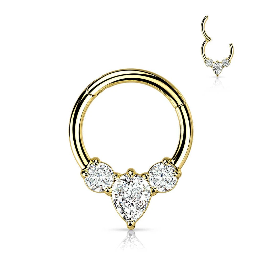 316L Surgical Steel Gold PVD 3 White CZ Gem Teardrop Dainty Septum Ring Hinged Clicker Hoop