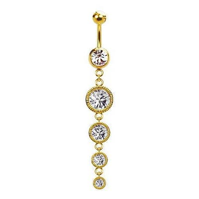 316L Surgical Steel Gold PVD 4 Gem Rimmed Dangle Belly Ring