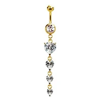 316L Surgical Steel Gold PVD 4 Heart CZ Gem Dangle Belly Ring