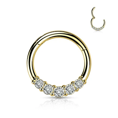 316L Surgical Steel Gold PVD 5 White CZ Gem Dainty Septum Ring Hinged Clicker Hoop