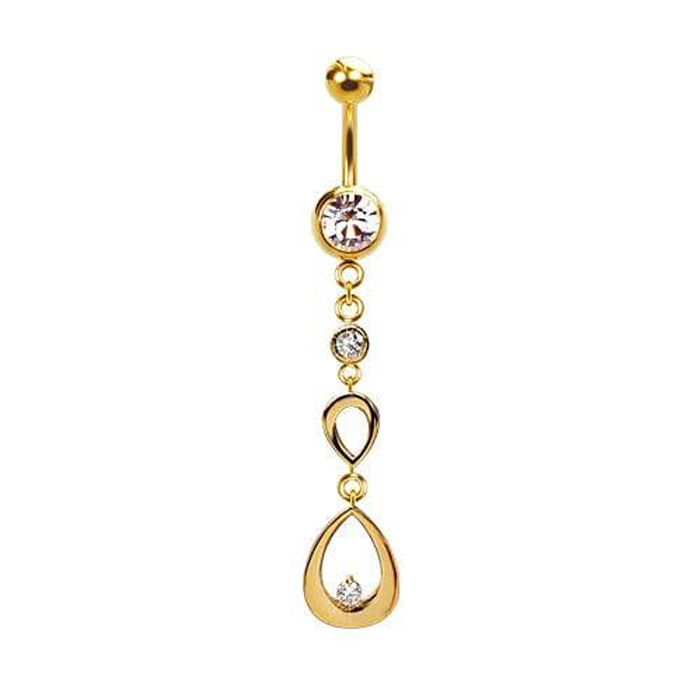 316L Surgical Steel Gold PVD Ascending Double Teardrop CZ Gem Dangle Belly Ring