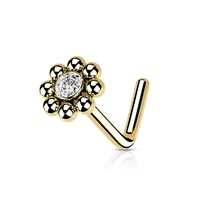 316L Surgical Steel Gold PVD Ball White CZ Gem Flower L-Shape Nose Ring Stud