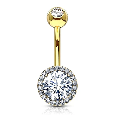 316L Surgical Steel Gold PVD Circle Pave White CZ Belly Ring