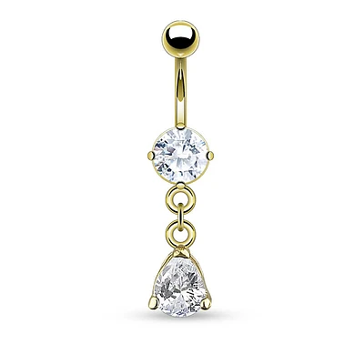 316L Surgical Steel Gold PVD Clawed White CZ Circle With Teardrop Dangle Belly Ring