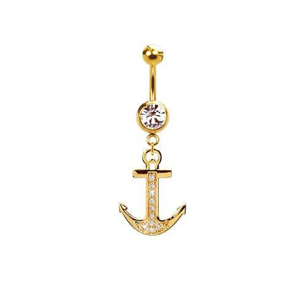 316L Surgical Steel Gold PVD CZ Anchor Dangle Belly Ring