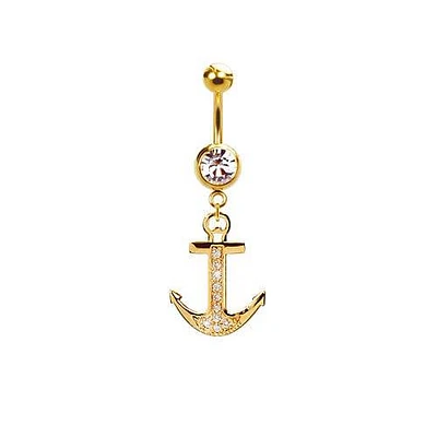 316L Surgical Steel Gold PVD CZ Anchor Dangle Belly Ring