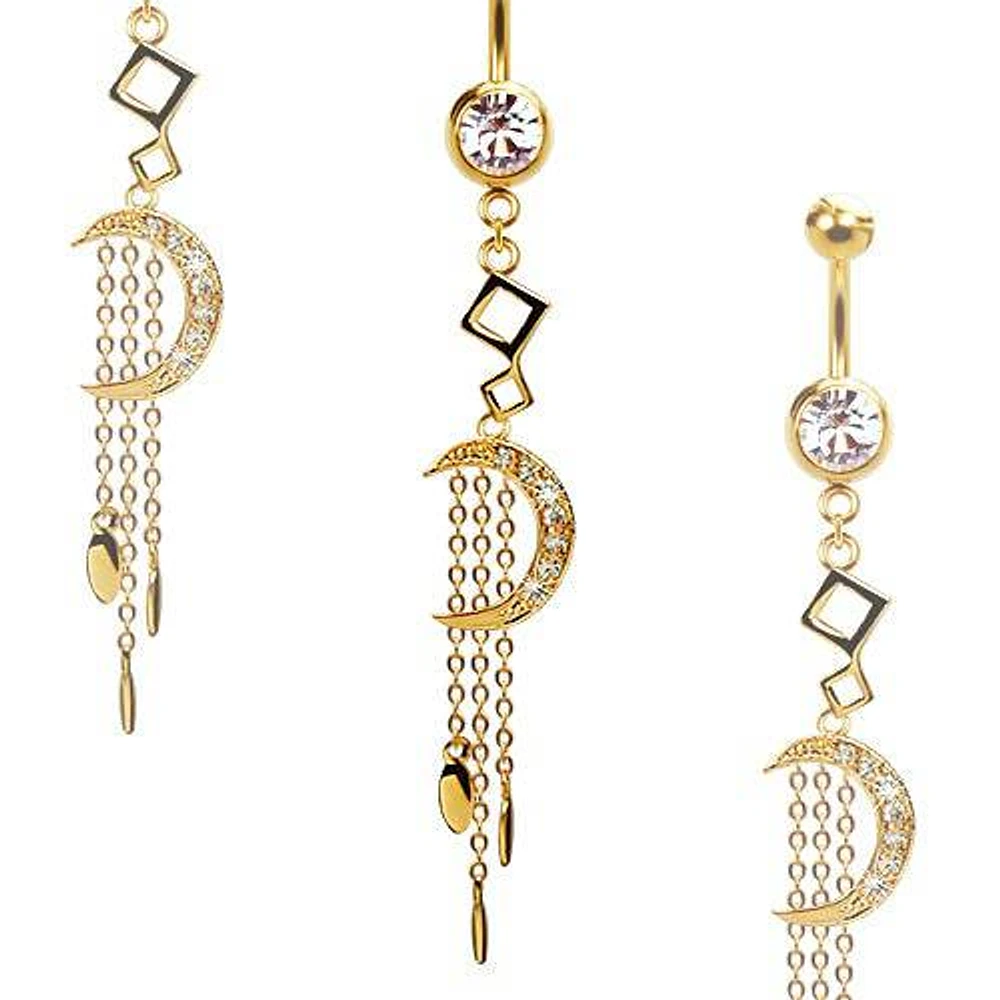 316L Surgical Steel Gold PVD CZ Moon with Chain Teardrops Dangle Belly Ring