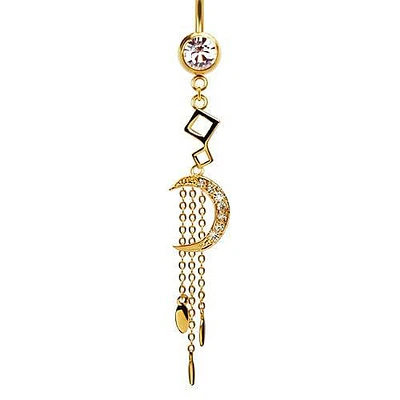 316L Surgical Steel Gold PVD CZ Moon with Chain Teardrops Dangle Belly Ring