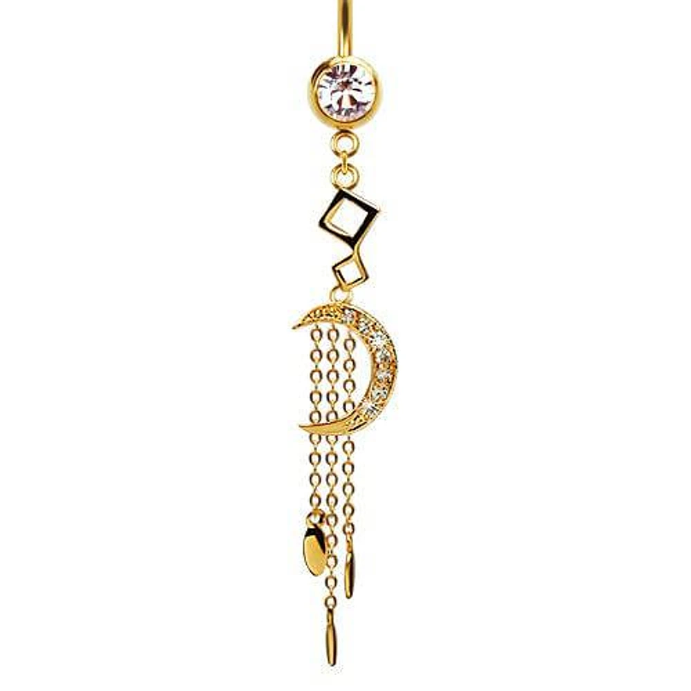 316L Surgical Steel Gold PVD CZ Moon with Chain Teardrops Dangle Belly Ring