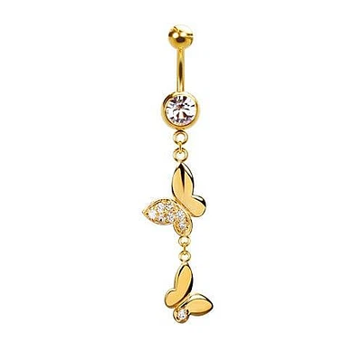 316L Surgical Steel Gold PVD Dainty Double Butterfly with CZ Wing Dangle Belly Ring