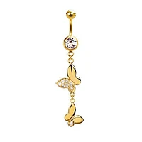 316L Surgical Steel Gold PVD Dainty Double Butterfly with CZ Wing Dangle Belly Ring