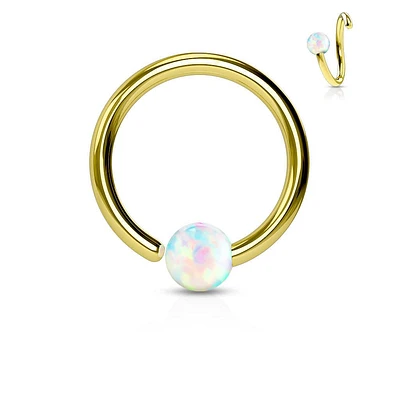 316L Surgical Steel Gold PVD Easy Bend Fixed White Opal Nose Hoop Ring