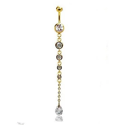 316L Surgical Steel Gold PVD Elegant 4 Gem Dangle with Tear Drop CZ Dangle Belly Ring