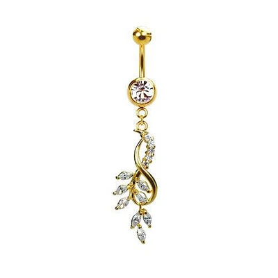 316L Surgical Steel Gold PVD Elegant CZ Infinity Sign with Intertwined Leaves Dangle Belly Ring