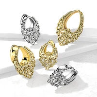 316L Surgical Steel Gold PVD Filigree Teardrop Shaped Double Flared Tunnels