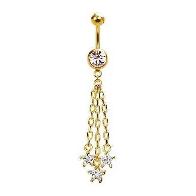 316L Surgical Steel Gold PVD Hanging Chain Triple Star CZ Dangle Belly Ring