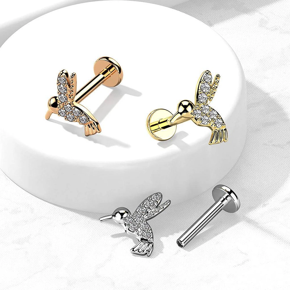 316L Surgical Steel Gold PVD Internally Threaded Dainty White CZ Hummingbird Labret Stud