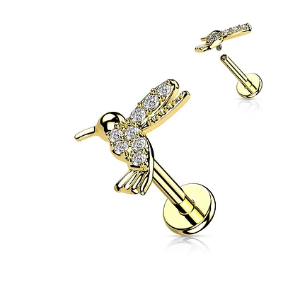 316L Surgical Steel Gold PVD Internally Threaded Dainty White CZ Hummingbird Labret Stud