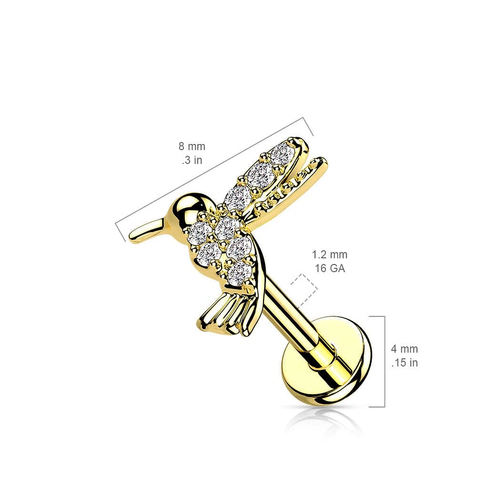 316L Surgical Steel Gold PVD Internally Threaded Dainty White CZ Hummingbird Labret Stud