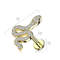 316L Surgical Steel Gold PVD Internally Threaded White CZ Snake Labret