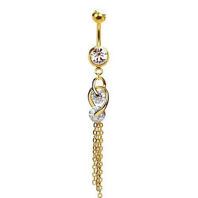 316L Surgical Steel Gold PVD Intertwined Double Hanging Gem Dangle Belly Ring