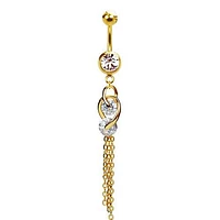 316L Surgical Steel Gold PVD Intertwined Double Hanging Gem Dangle Belly Ring