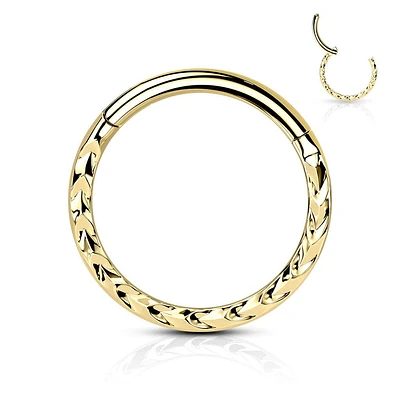 316L Surgical Steel Gold PVD Ridged Braided Design Hinged Hoop Septum Clicker Ring