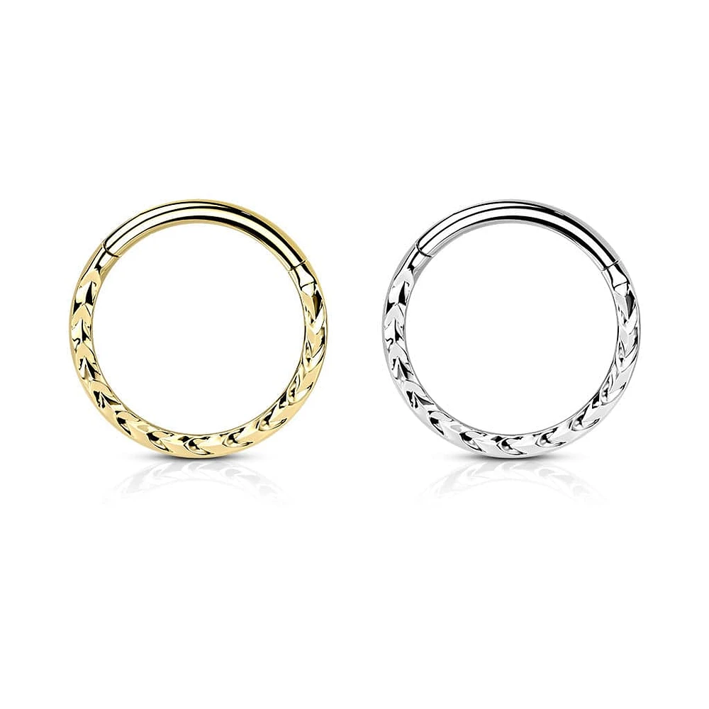 316L Surgical Steel Gold PVD Ridged Braided Design Hinged Hoop Septum Clicker Ring