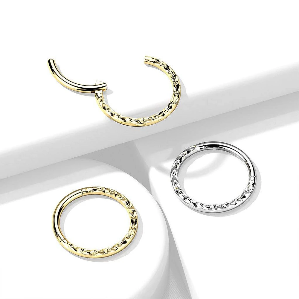 316L Surgical Steel Gold PVD Ridged Braided Design Hinged Hoop Septum Clicker Ring