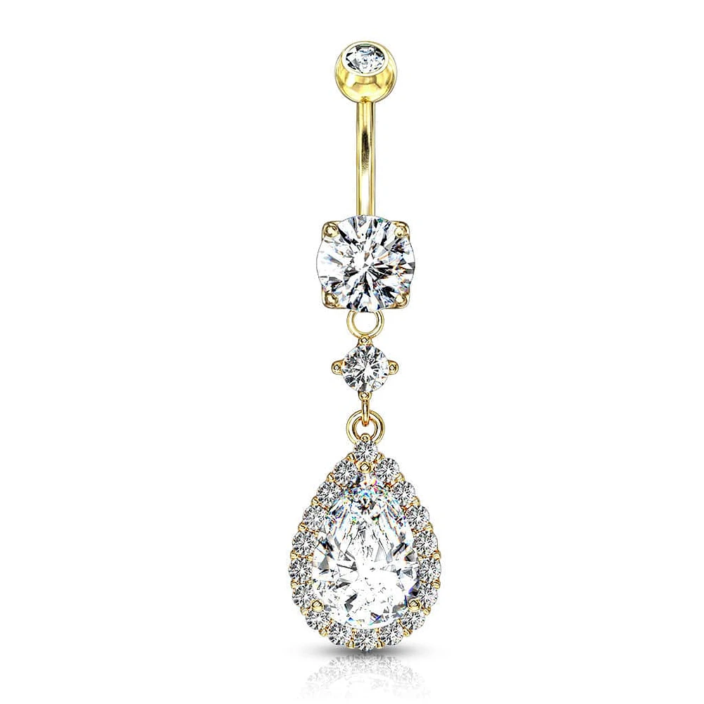 316L Surgical Steel Gold PVD Teardrop White CZ Pave Dangle Belly Ring