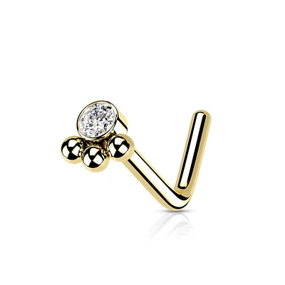 316L Surgical Steel Gold PVD Tribal Ball White CZ L-Shape Nose Ring Stud